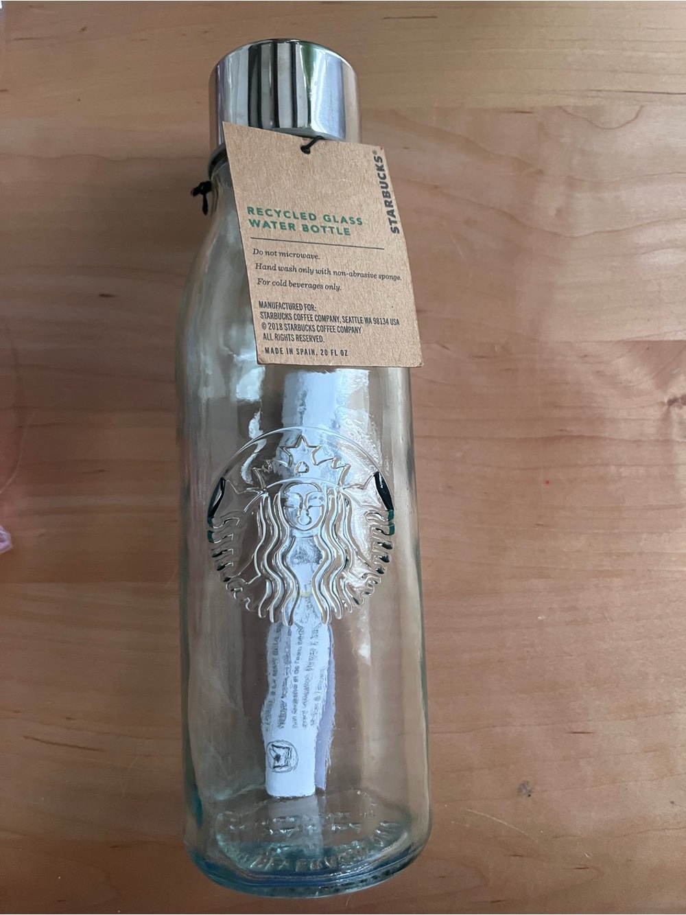 Vintage NWT Starbucks Glass Water Bottle with Stainless Lid - Clear Aqua Tint